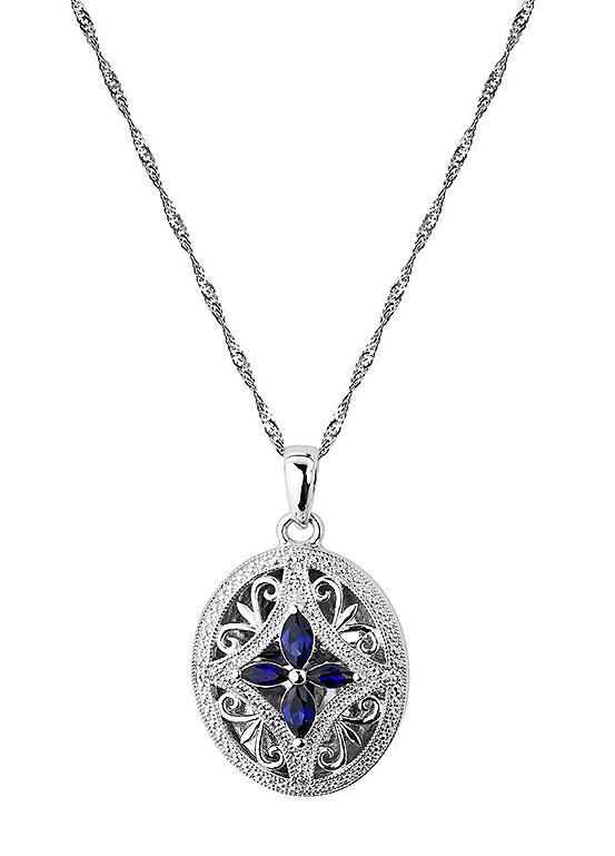 Arrosa Sterling Silver Created Sapphire and Diamond Oval Locket