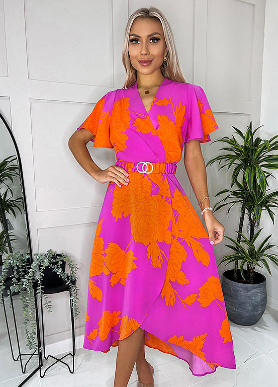 Ax Paris Pink And Orange Floral Print Belted Wrap Midi Dress Freemans