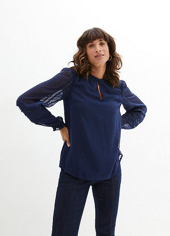 Tunique Top Bongo 2X Plus - Manches Longues/3/4 - Imprimé Tribal Bleu Sur Voile De Chiffon - Neuf Avec étiquettes