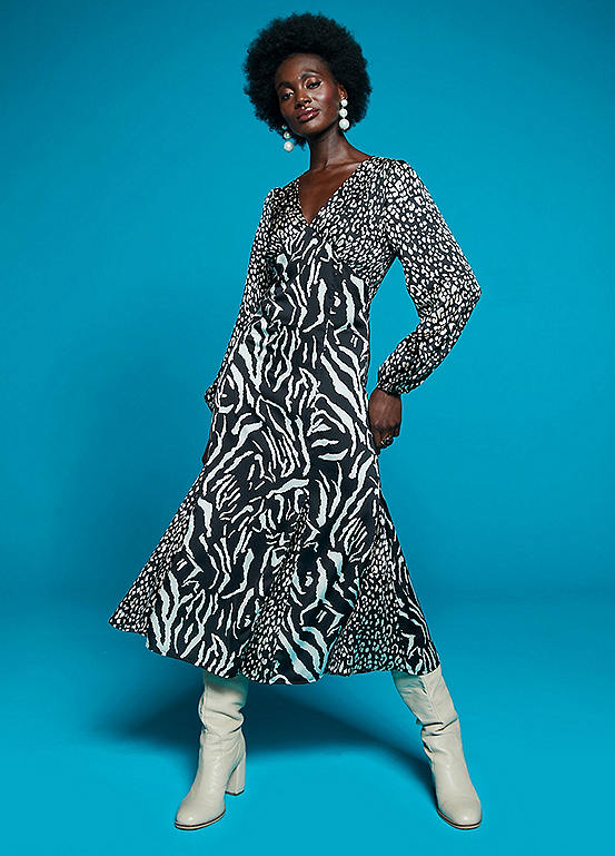 Freemans Mono Mixed Print Satin Midi Dress Freemans