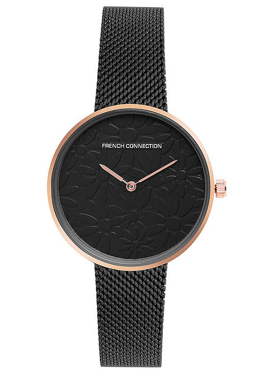 French Connection Ladies Rose Gold Case with Black Mesh Strap Watch with Black 3D Floral Dial