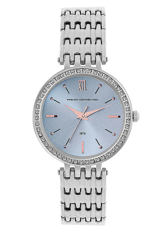 French Connection Ladies Silver Bracelet Watch with Pale Blue Sunray Dial