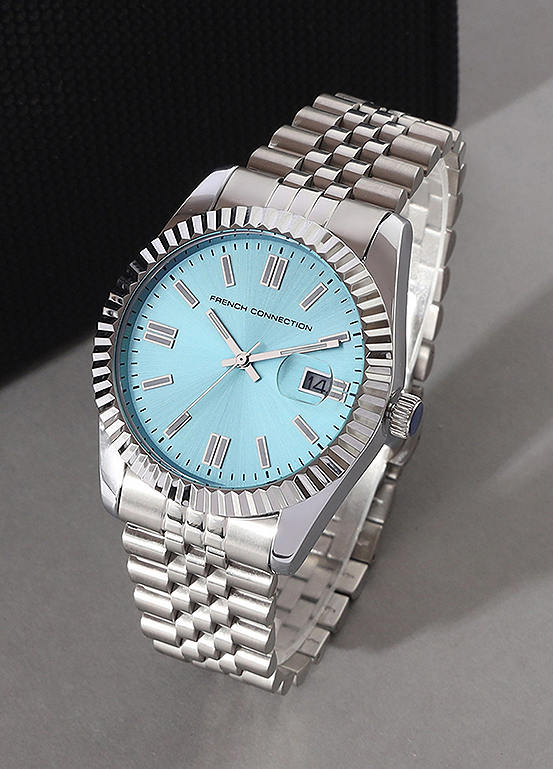 French Connection Men’s Silver Bracelet Watch with Ice Blue Dial