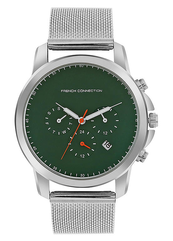 French Connection Men’s Silver Mesh Strap Watch with Green Multi Dial