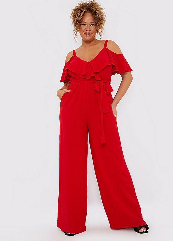 In the Style Red Woven Bardot Wide Leg Jumpsuit | Freemans