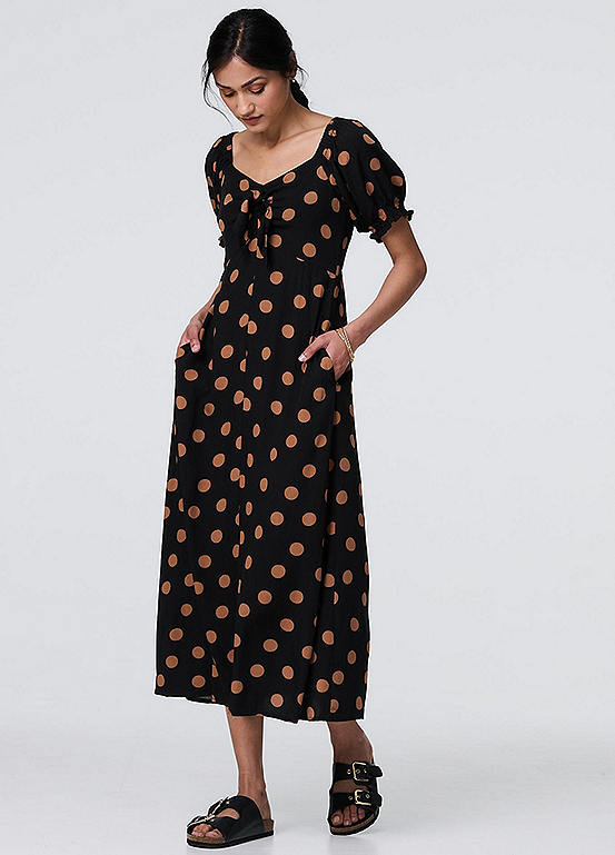 Izabel London Black Polka Dot Puff Sleeve Midi Dress | Freemans