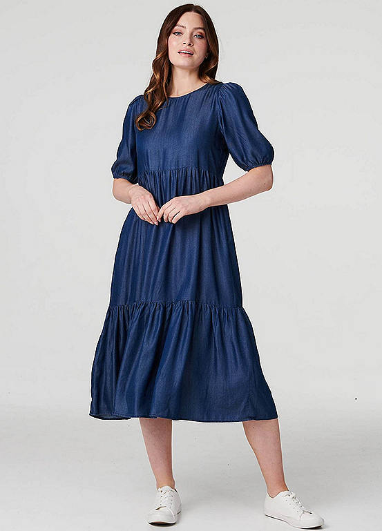 Izabel London Denim Blue Tiered Half Puff Sleeve Midi Dress | Freemans