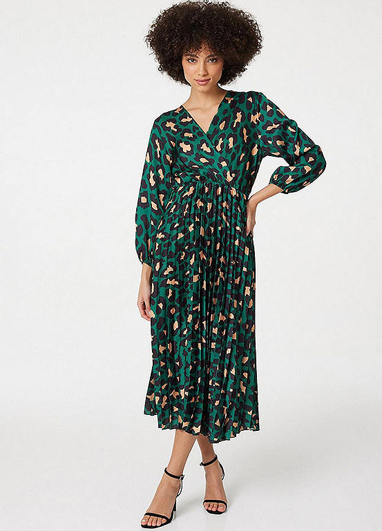 Izabel London Green Animal Print Satin Midi Dress | Freemans