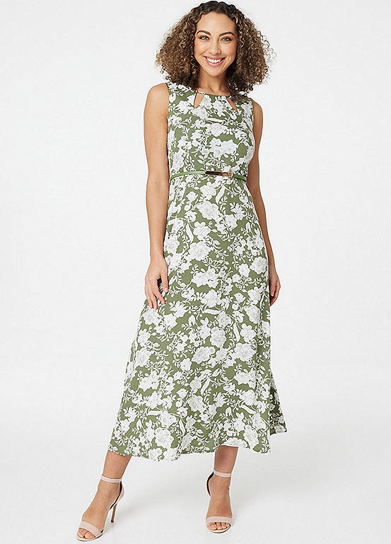 Izabel London Green Floral Cut Out Detail Midi Dress | Freemans