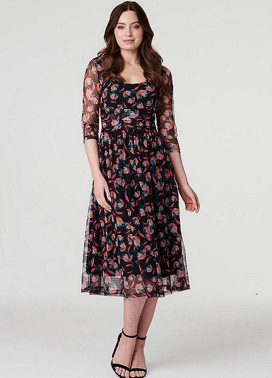 Izabel London Multi Black Floral Semi Sheer Ruched Midi Dress | Freemans