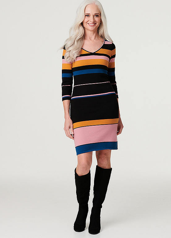 Izabel London Multi Black Striped Three-Quarter Sleeve Knit Dress ...