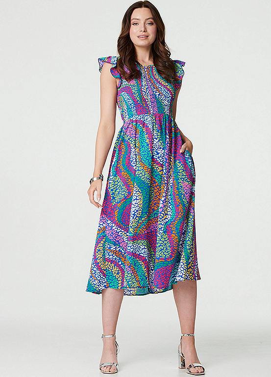 Izabel London Multi Green Animal Print Cap Sleeve Midi Dress | Freemans