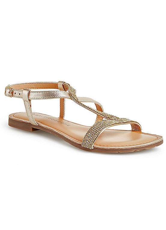 Kaleidoscope Wide Fitting Gold Diamante Leather Sandals | Freemans