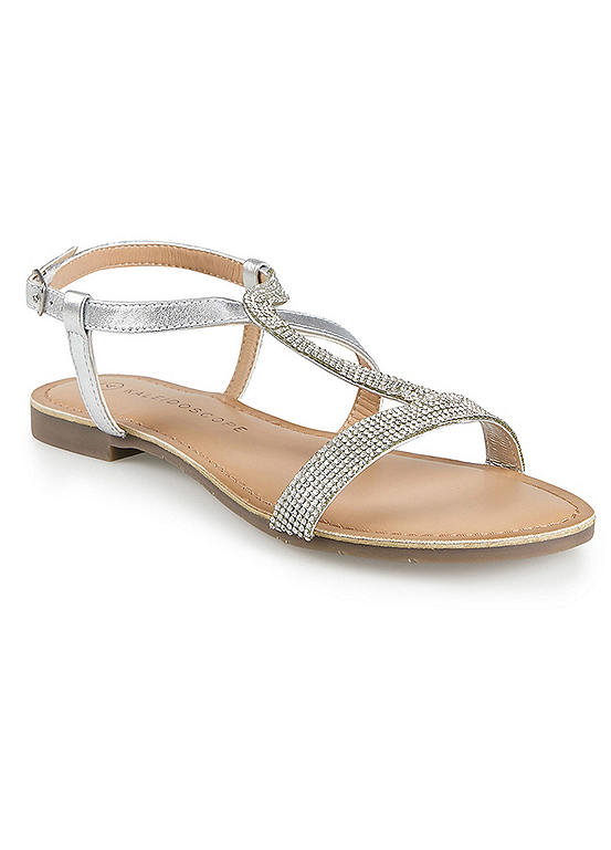 Kaleidoscope Wide Fitting Silver Diamante Leather Sandals | Freemans