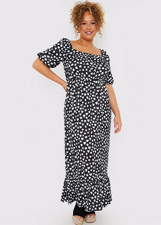 Ladbaby Mum Black Heart Print Puff Sleeve Ruched Bust Maxi Dress | Freemans