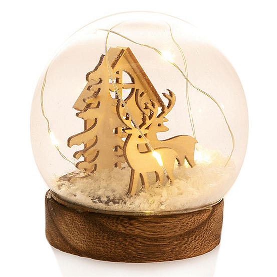 LED Glass Dome with Wooden Reindeers, Tree & House