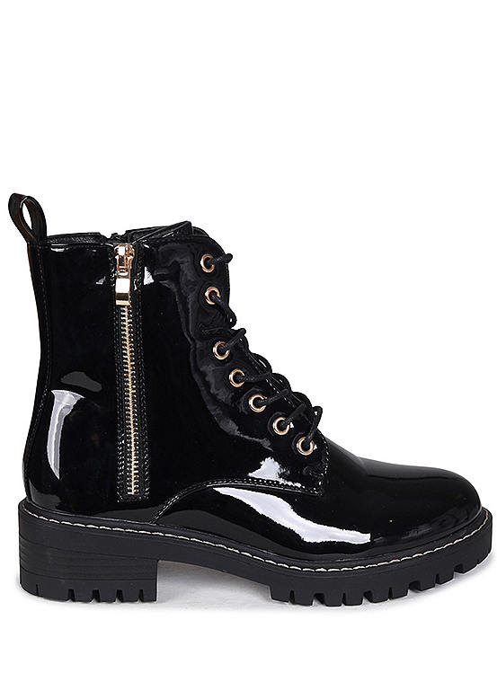 Linzi Edna Black Lace Up Chunky Military Ankle Boots | Freemans