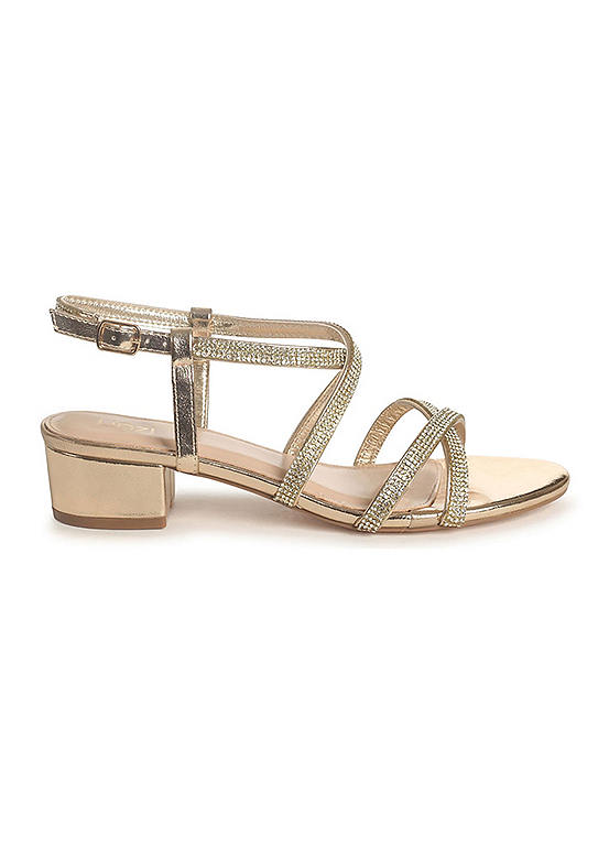 Linzi Glow Gold Faux Leather Crossover Diamante Straps Low Block Heeled ...