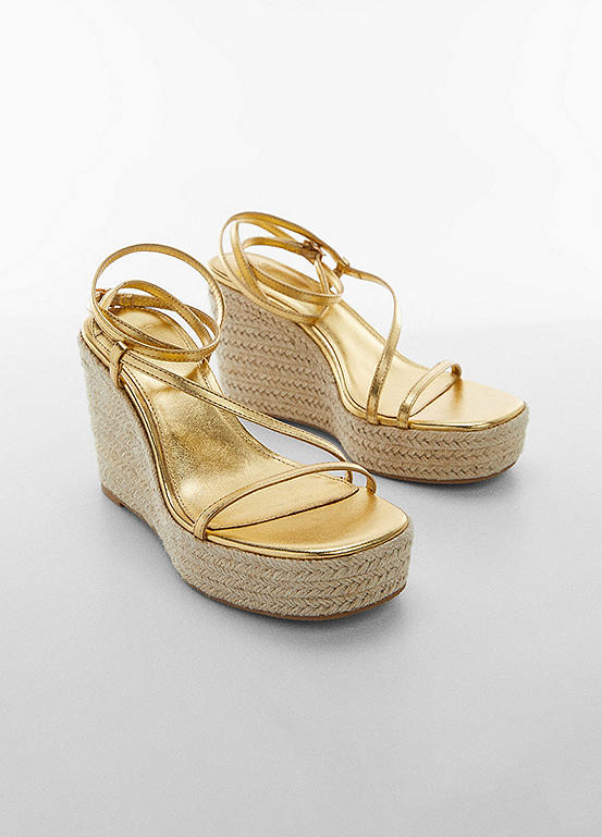 Mango Ficus Gold Metallic Strappy Wedge Sandals Freemans