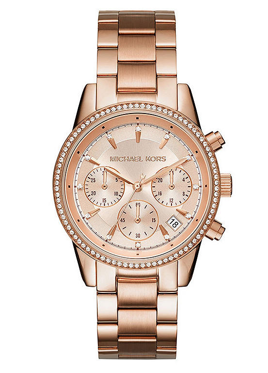 Michael Kors Ladies Ritz Rose Gold Tone Chronograph Bracelet Watch