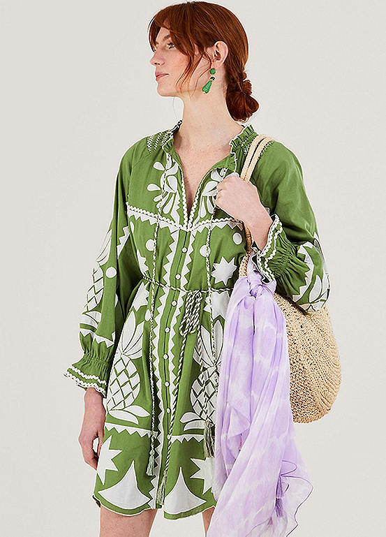 Monsoon Embroidered Pineapple Applique Dress in Linen Blend Freemans