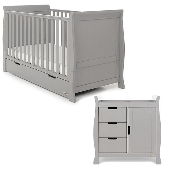 OBaby Stamford Grey Sleigh Cot Bed with Drawer & Changing Unit Room Set