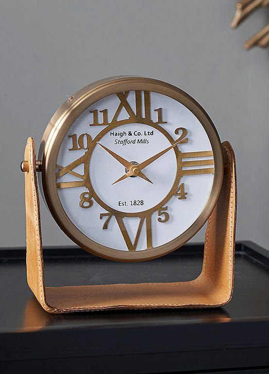 Pacific Tan Leather & Antique Brass Table Desk Clock | Freemans