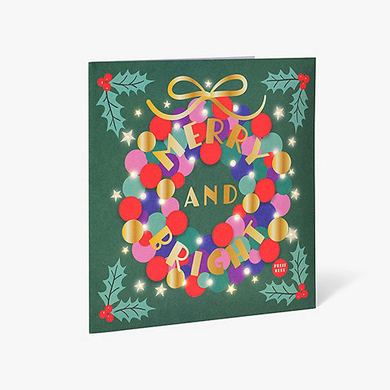 Paperchase Pom Pom Wreath Light Up Christmas Card | Freemans