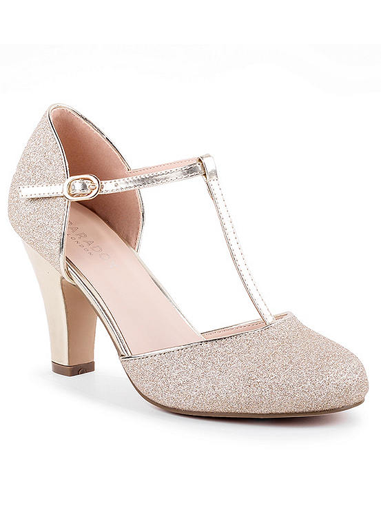 Paradox London Champagne Glitter ’Flamenco’ High Heel T-Bar Shoes ...