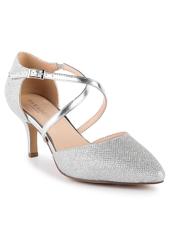 Paradox London Silver Glitter ’Philippa’ Wide Fit Mid Heel Cross Strap
