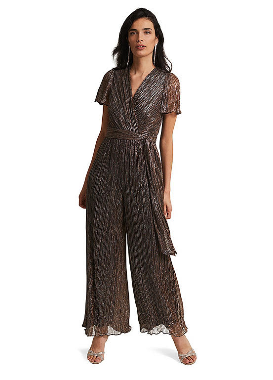 Phase Eight Stella Bronze Plisse Wide Leg Jumpsuit | Freemans