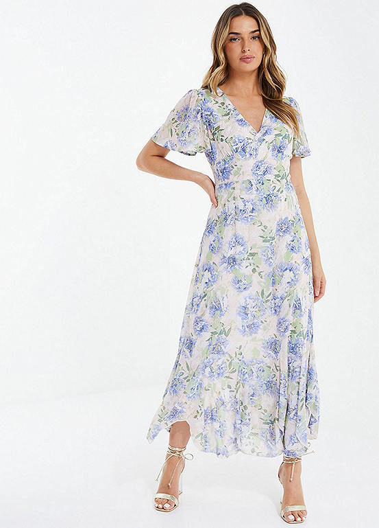 Quiz Baby Blue Floral Chiffon Maxi Dress with Cap Sleeve Freemans