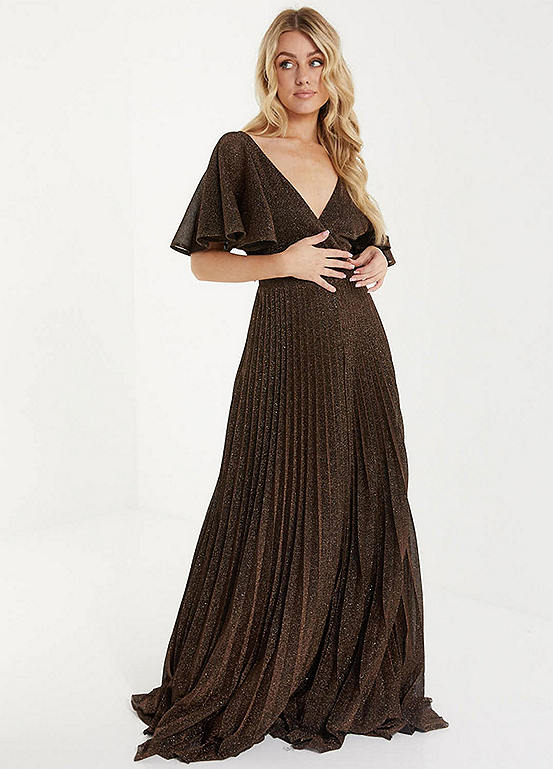 Quiz Black & Bronze Shimmer Pleated Wrap Maxi Dress Freemans
