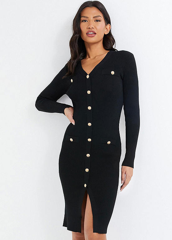 Quiz Black Knit Gold Button Long Sleeve Midi Jumper Dress | Freemans