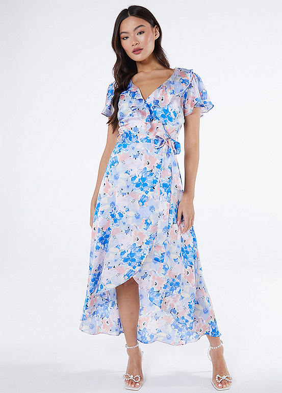 Quiz Blue & Pink Floral Chiffon Wrap Frill Midaxi Dress | Freemans