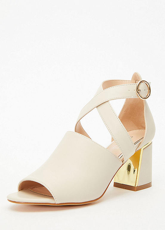 Quiz Cream & Gold Trim Cut Out Ankle Heel Boots Freemans