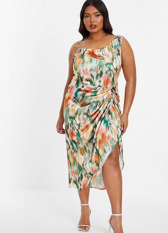 Quiz Curve Pink & Green Smudge Print Asymmetric Midaxi Dress 