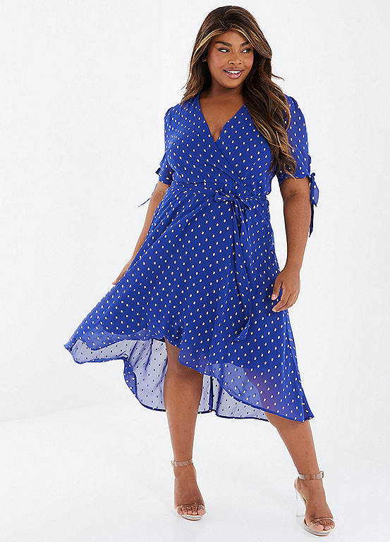 Quiz Curve Royal Blue Metallic Spot Chiffon Wrap Midi Dress | Freemans