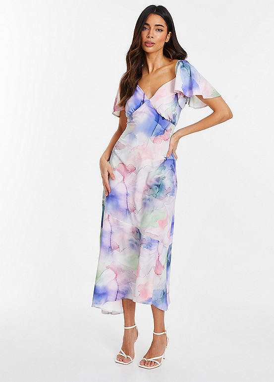 Quiz Multi Watercolour Midaxi Dress with Sweetheart Neckline | Freemans