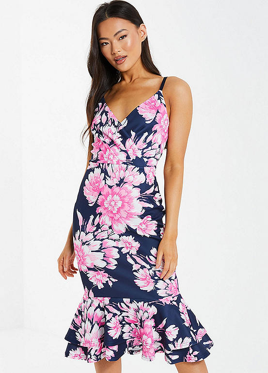 Quiz Navy & Pink Floral Scuba Frill Hem Midi Dress | Freemans