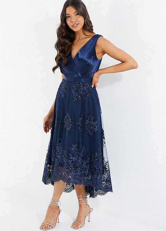 Quiz Navy Satin Lace Embroidered Dip Hem Dress Freemans
