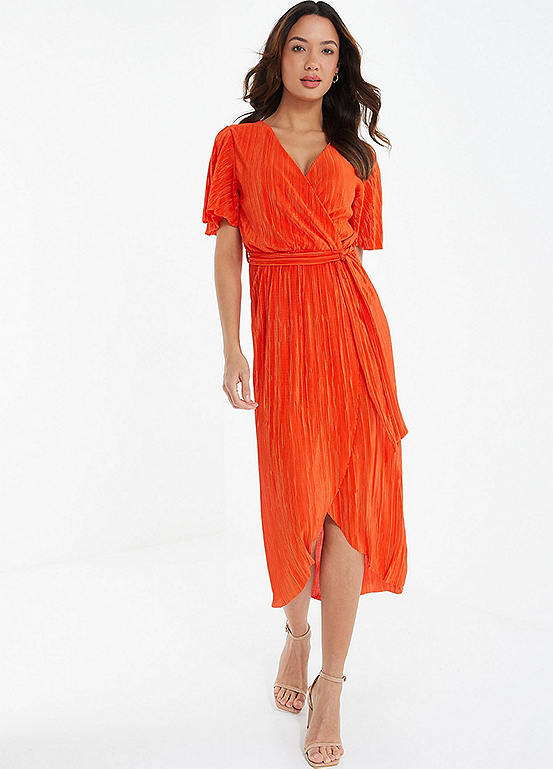 Quiz Orange Plisse Wrap Midi Dress | Freemans