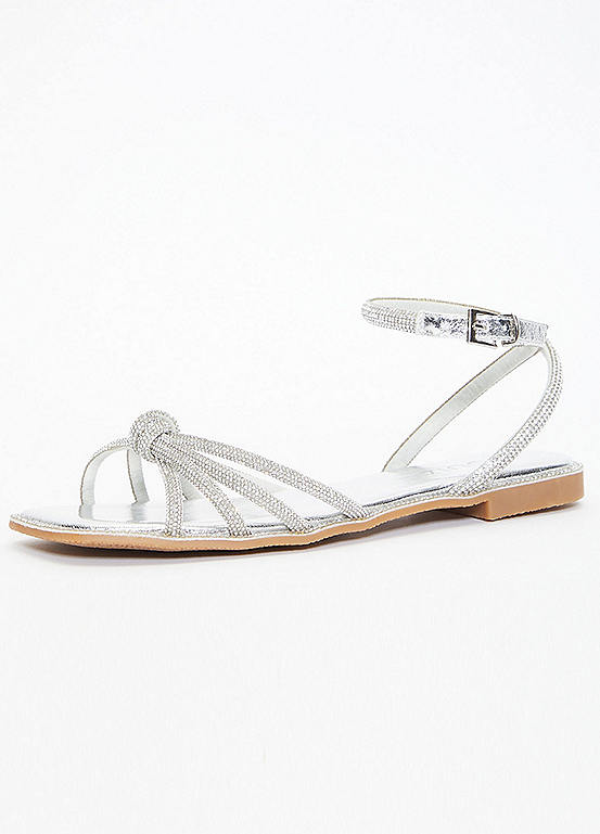 Quiz Silver Diamante Knot Strap Flat Sandals | Freemans