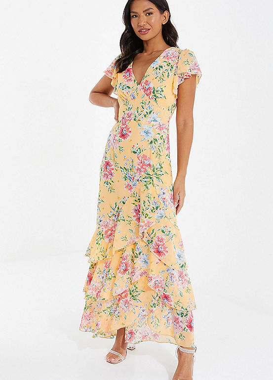 Quiz Yellow Chiffon Floral Maxi Wrap Dress with Short Cap Sleeve | Freemans