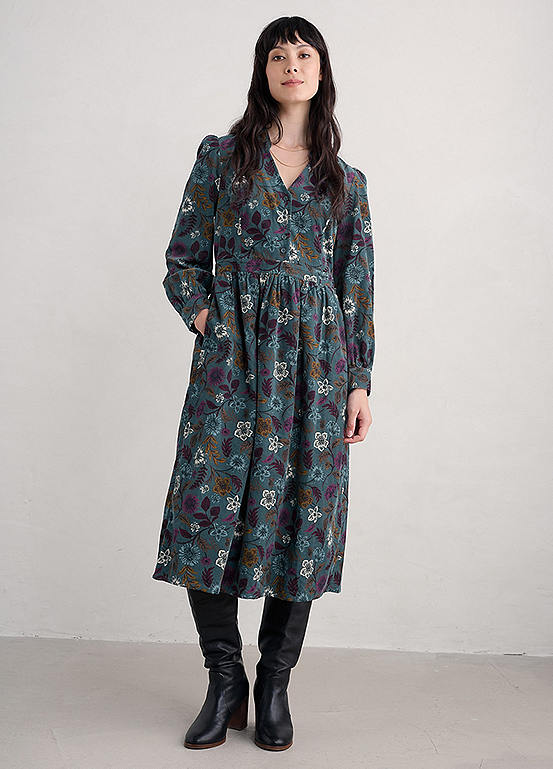Seasalt Cornwall Blue Rose Cottage Printed Cord Midi Dress | Freemans