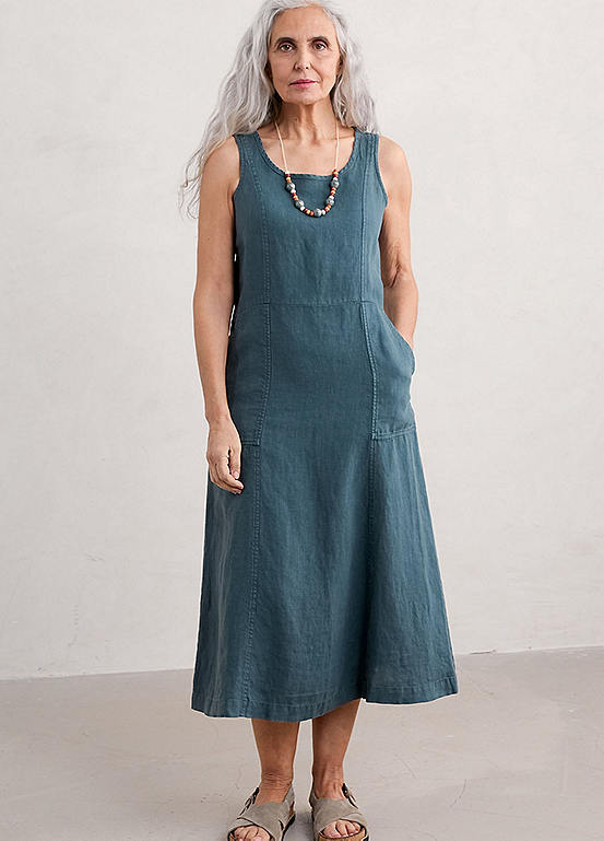 Seasalt Cornwall Blue Sleeveless Grass Wave Linen Dress | Freemans