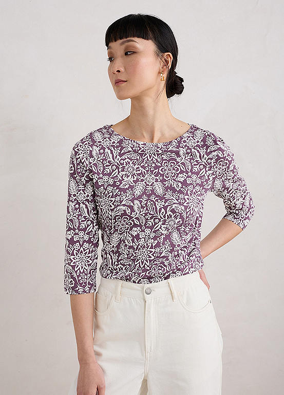 Seasalt Cornwall Purple Easel Three-Quarter Sleeve Top | Freemans