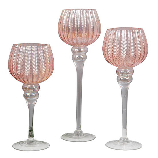 Set of 3 Pink Glass Goblet Style Candle Holders Freemans
