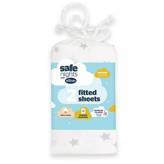 Silentnight Safe Nights Pack of 2 Star Moses Basket 100% Cotton Fitted Sheets