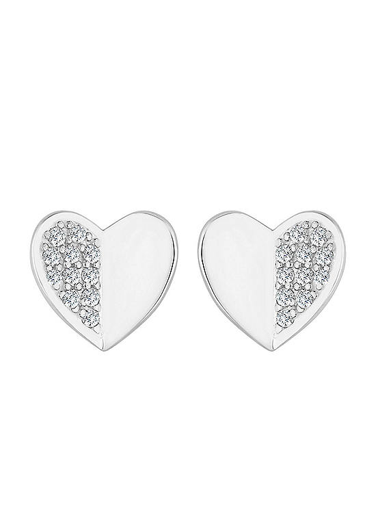 Simply Silver Recycled Sterling Silver 925 Mini Heart Polished & Pave Stud Earrings